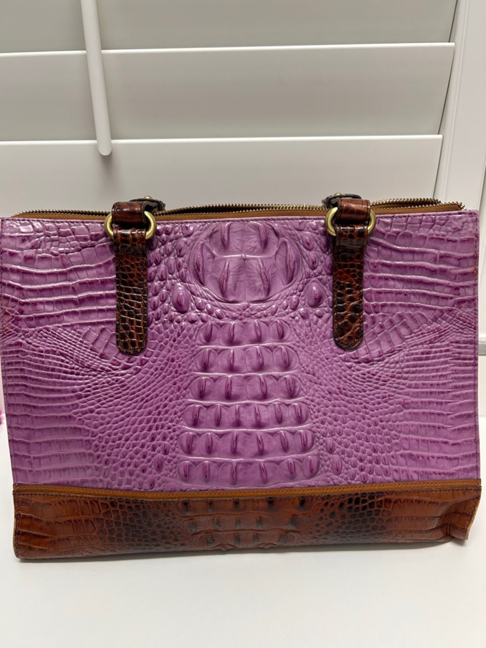 Brahmin Orchid Tri-Color Anywhere Tote Womens Croc-Embossed Shoulder Bag Purse - Picture 3 of 9